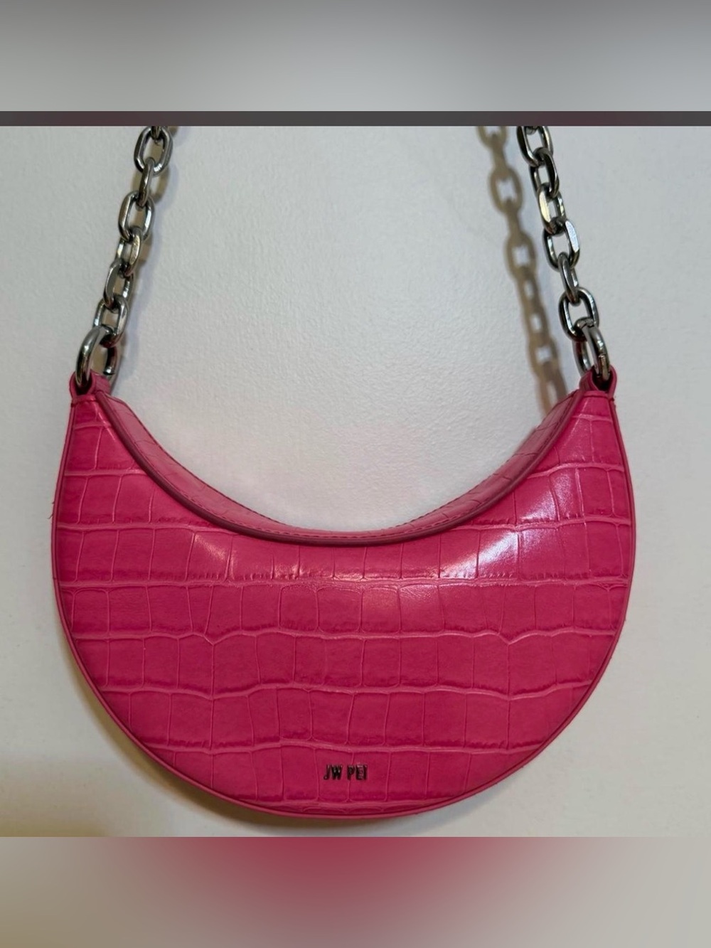 JW PEI Hot Pink Croc-Embossed Crescent Shoulder Bag with Chain Strap